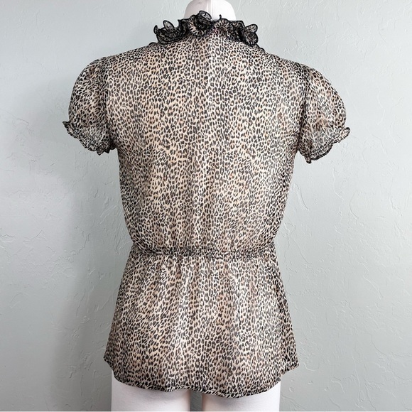 Y2k Sunny Leigh Leopard Print Sheer Ruffle Front Half Button Down V Neck Top - Picture 9 of 11